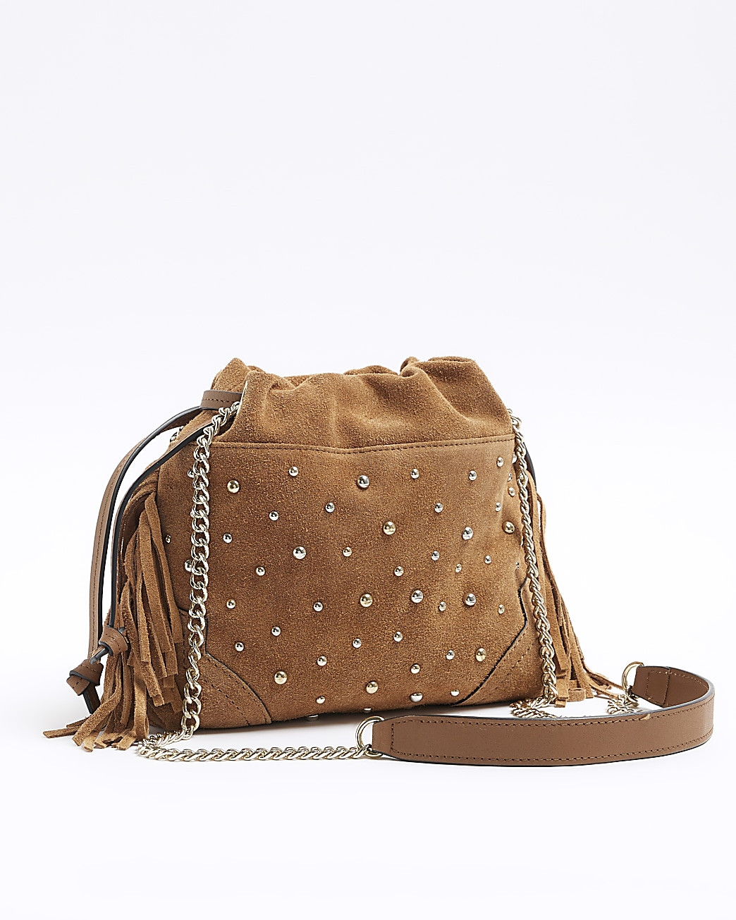 Brown suede studded fringe duffle bag | River Island (UK & IE)