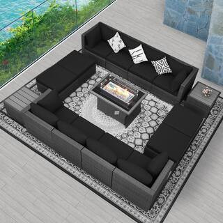 Gray 15-Piece 12-Seats Wicker Patio Fire Pit Sofa Set with Black Cushions Ottomans and Coffee Tables | The Home Depot