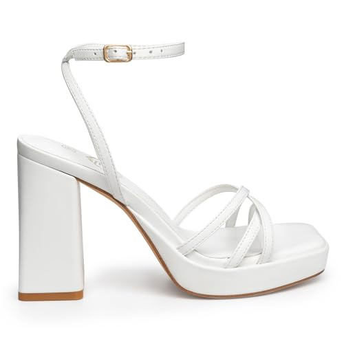 Trary White Heels for Women, Square Toe White Platform Heels, 3 inch Strappy Heels, Chunky Heels for Women, Block Heels, White Herls, Low Heels with Lace Up,White Shoes for Women Dressy, Bridal Heels | Amazon (US)