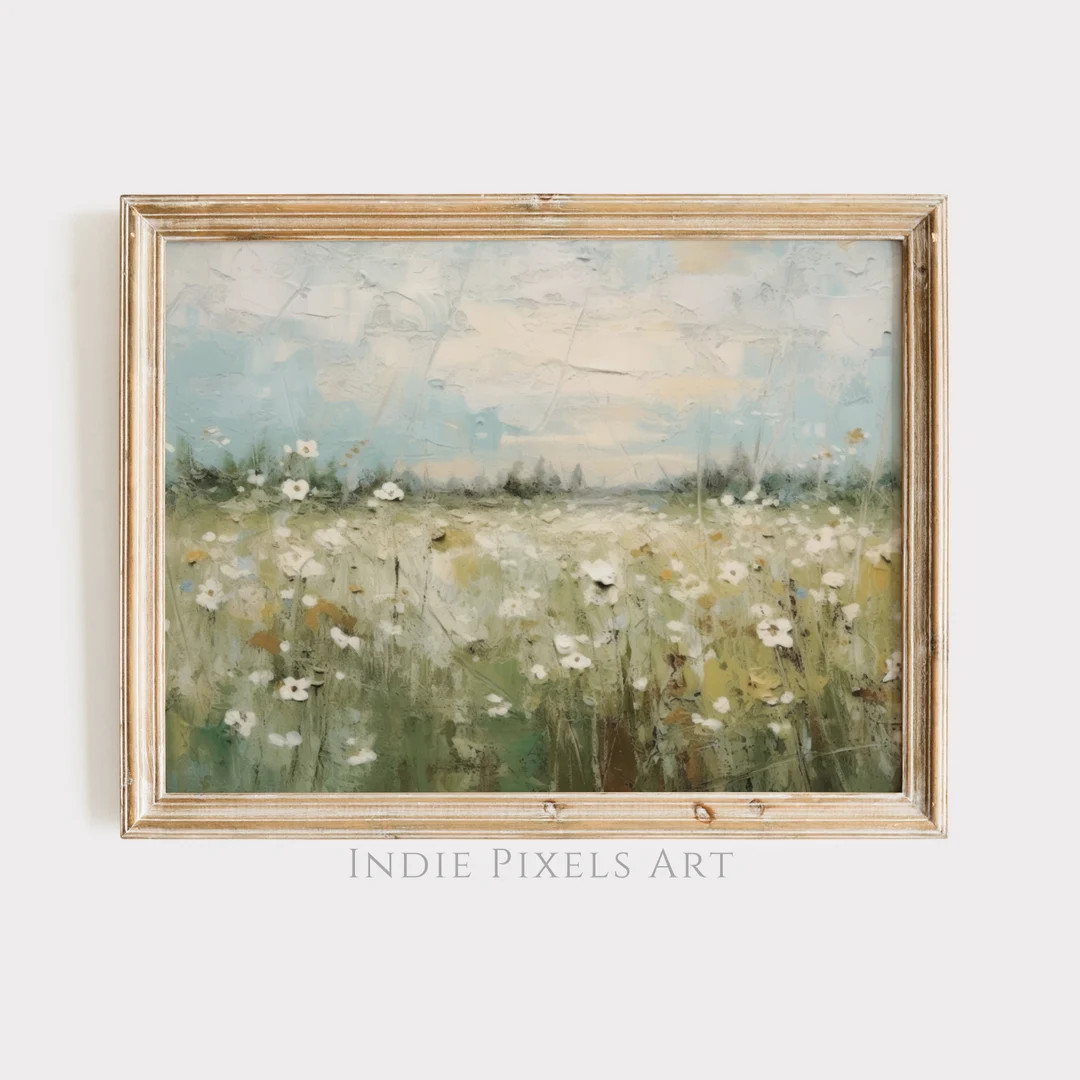 Muted Green Painting Spring Meadow Floral Landscape Farmhouse Decor Summer Field Landscape Printa... | Etsy (US)