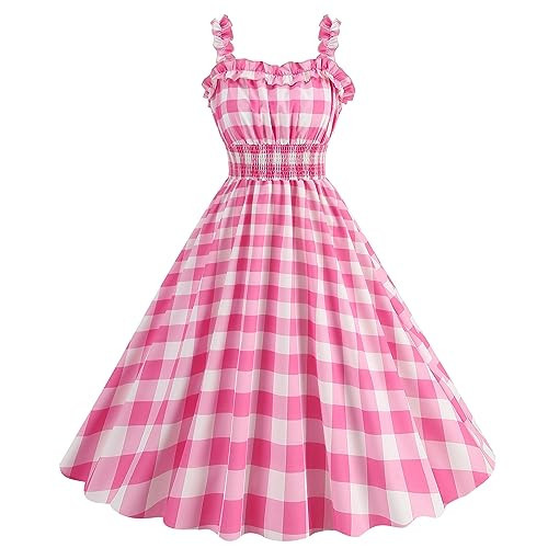 Pink Gingham Dress for Women Vintage 50's Plaid Pink White Checkered Dress Sleeveless Spaghetti Strap Rockabilly 1950s A-line Swing Midi Cocktail Tea Party Evening Holiday Pageant Dress Pink M | Amazon (US)