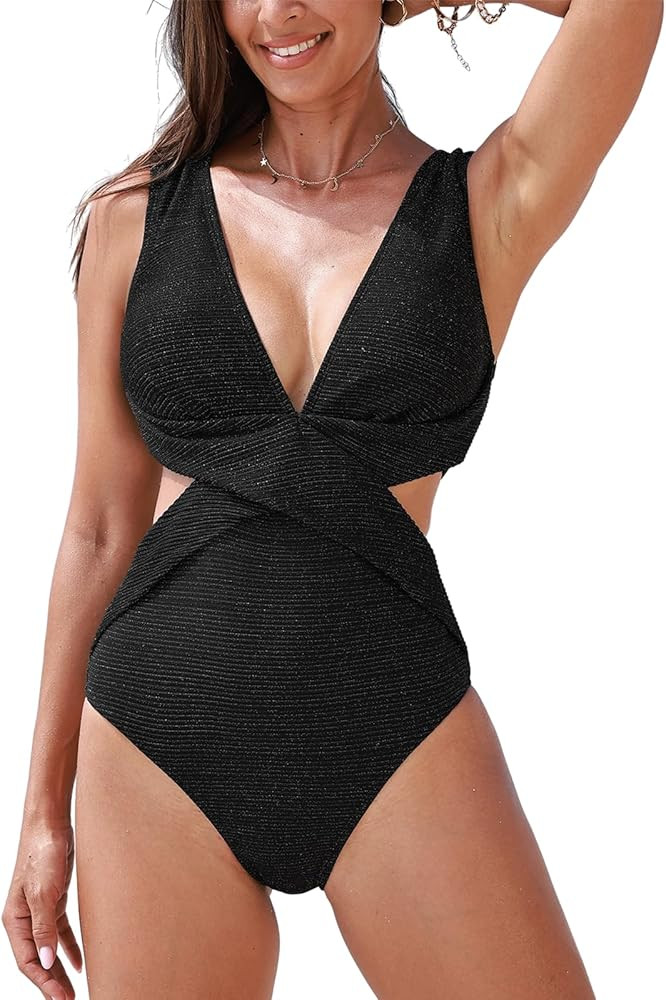 CUPSHE Women's One Piece Swimsuit Plunging Neck Bathing Suit Cutout Back Hook Wide Strap Shinning | Amazon (CA)
