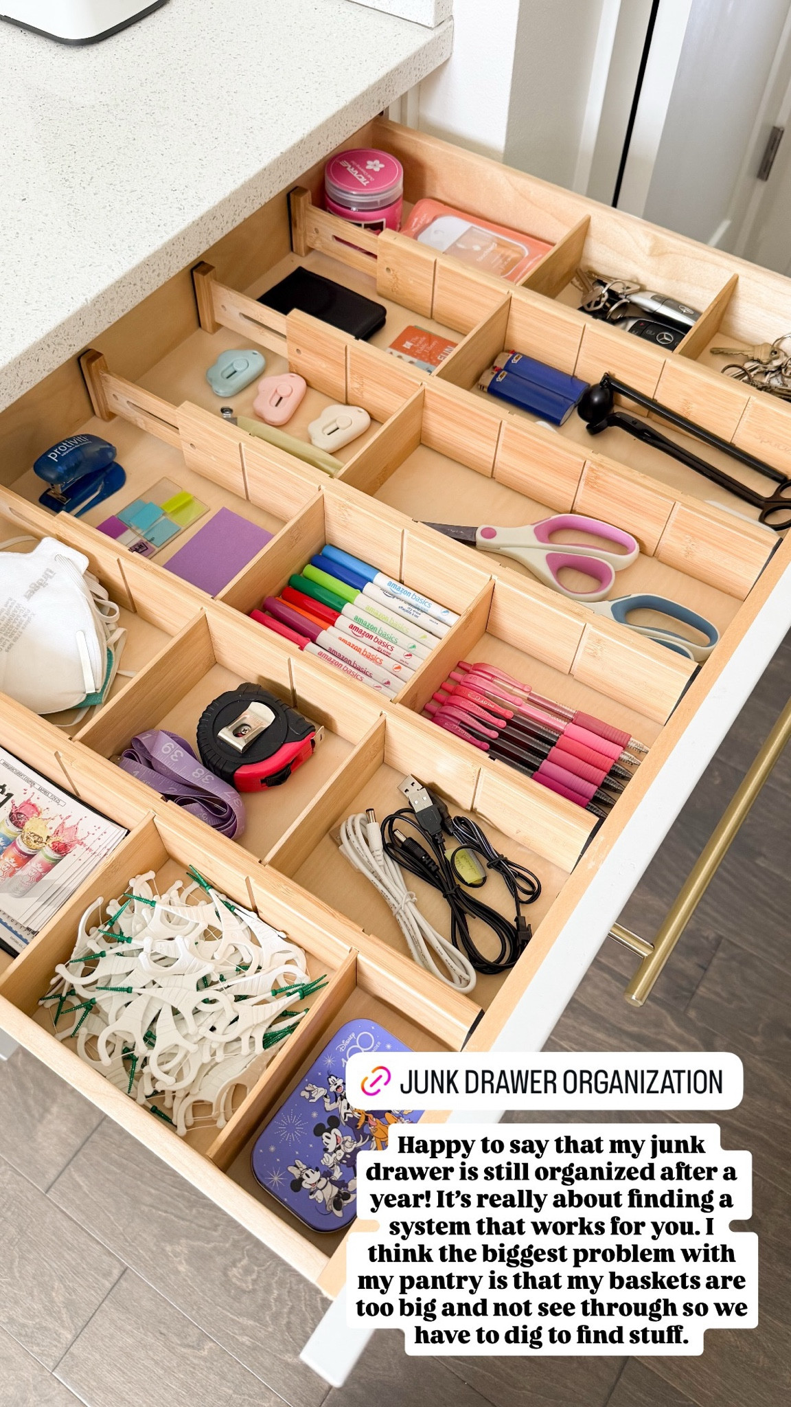Junk drawer organization! Happy to say that my junk drawer is still organized after a year! It's really about finding a system that works for you. I think the biggest problem with my pantry is that my baskets are too big and not see through so we have to dig to find stuff.

Bamboo drawer dividers, sanitizer, markers, floss picks, box cutter, pilot pens, pruning shears

#LTKsummer #LTKhome