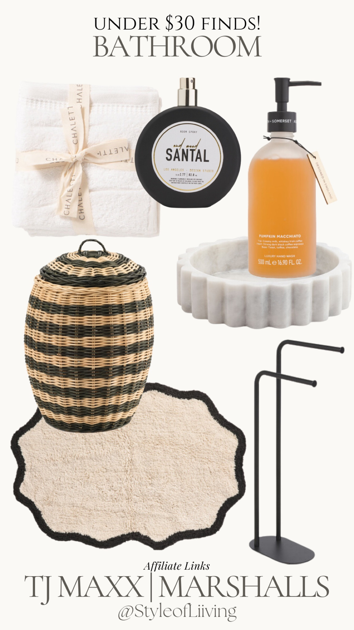TJ Maxx and Marshalls bathroom accessories less than $30! Marble tray, soap dispenser, rattan woven basket with lid, bath towels, room spray, bath mat, towel holder rack. Organization.

#LTKHome #LTKFindsUnder50 #LTKStyleTip