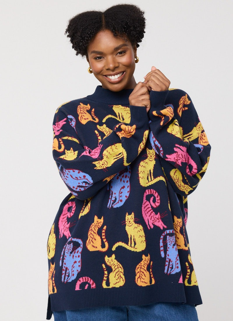 Shiloh Cat Intarsia Oversized Knitted Jumper - Navy | Joanie