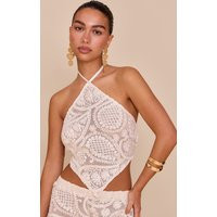 Cream Textured Embroidered Halterneck Tie Back Top | PrettyLittleThing US