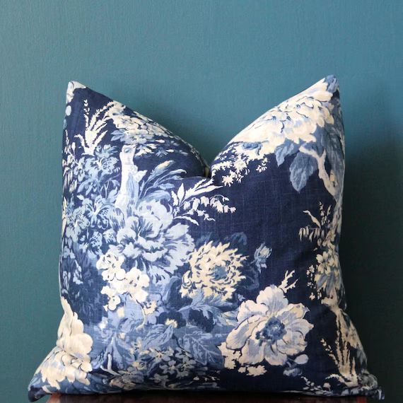 Blue Floral Pillow Cover - Blue Chinoiserie Pillow Cover - Blue and White Pillow Cover - Asian Fl... | Etsy (US)