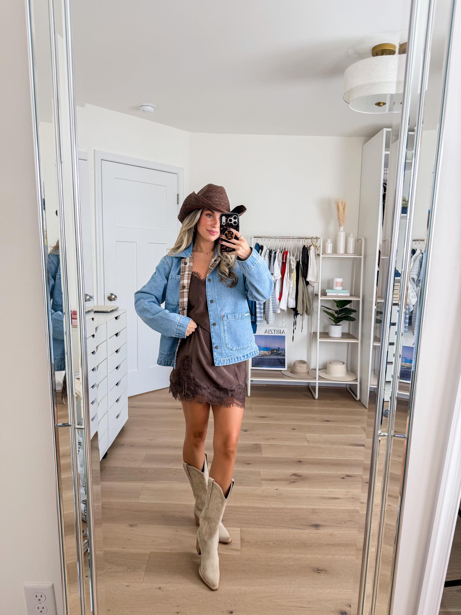 the cutest fall date night or country concert outfit — denim jacket is reversible!!! Size xxs in the jacket and brown lace dress!