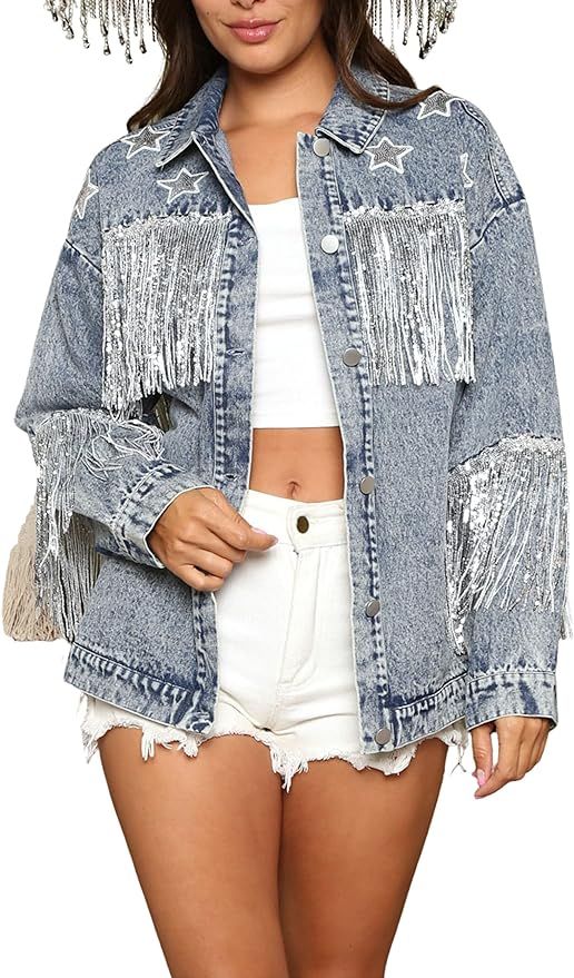FindThy Women’s Oversized Fringe Jean Jacket Long Sleeve Boyfriend Star Jacket Denim Jackets | Amazon (US)