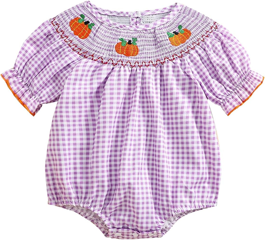 Ayalinggo Newborn Baby Girl Smocked Pumpkin Outfit Infant Plaid Bubble Romper Embroidery Hallowee... | Amazon (US)