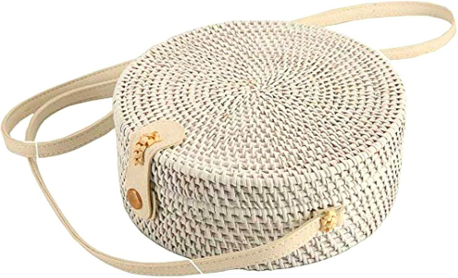 Handwoven Round Rattan Straw Bag for Women Shoulder Leather Button Straps Natural Chic Handmade B... | Amazon (US)
