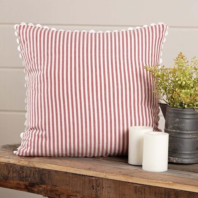 Farmhouse Ticking Stripe Red Pillow Cover, 18" x 18", Home Décor Accent Pillow Case w/Rick Rack | Amazon (US)