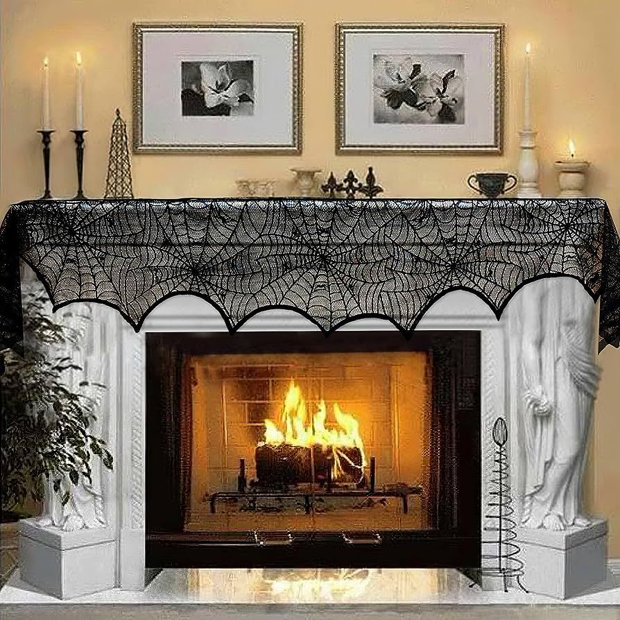 AerWo Halloween Decoration Black Lace Spiderweb Fireplace Mantle Scarf Cover Festive Party Suppli... | Amazon (US)