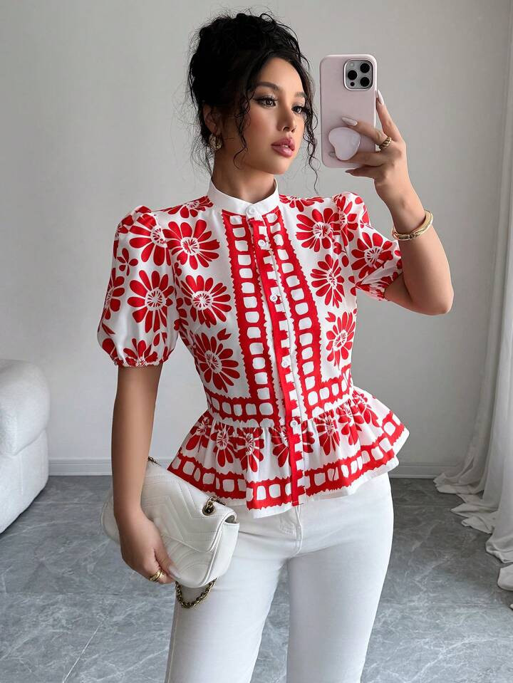 Calvaya Stand Collar Button Down Colorblock Puff Sleeve Waisted Holiday Shirt, Summer | SHEIN