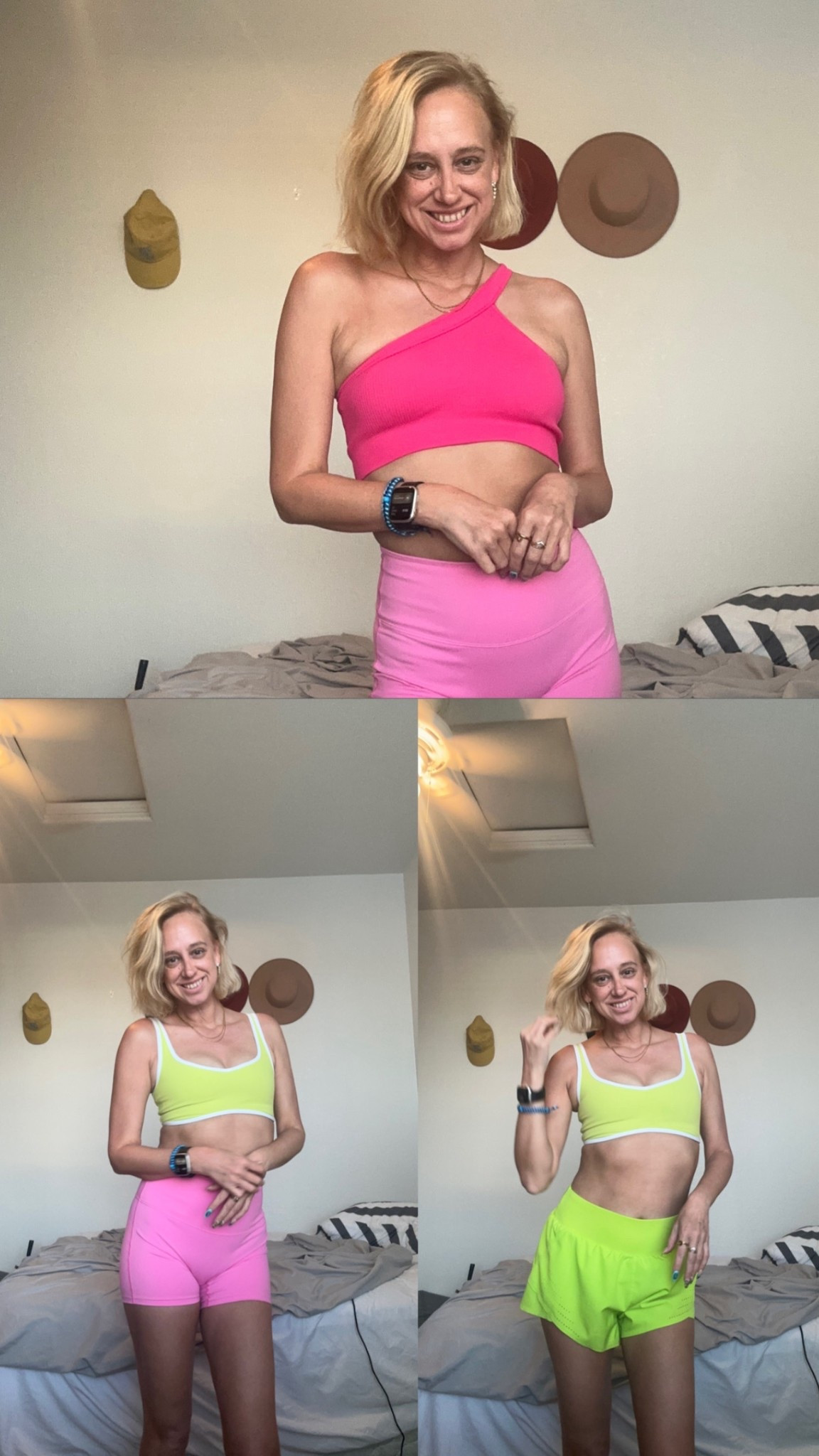 Possible race day outfits 
Pink one shoulder sports bra and pink biker shorts 
Neon green with white trim sports bra and green runner shorts 
Neon green with white trim sports bra and pink biker shorts 

#LTKActive #LTKootd #LTKfitnessgoals