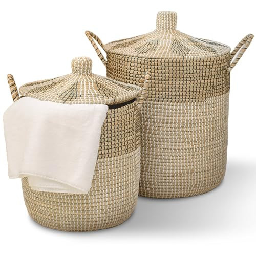 Flygoi Laundry Hamper (2-Piece) with Lid, 8.35 & 4.6 Gal Wicker Laundry Baskets with Lids Handles Removable Liner, Handwoven Rattan Storage Basket for Bedroom & Living Room Home | Amazon (US)