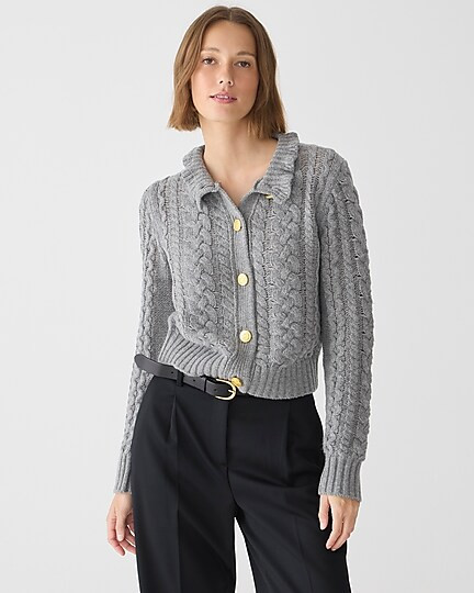 Cable-knit ruffleneck cardigan sweater | J. Crew US