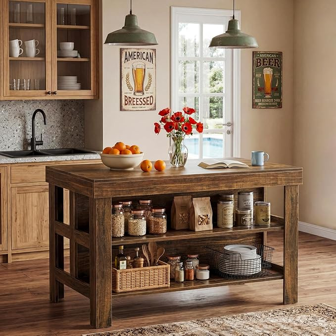 Tribesigns 55-Inch Farmhouse Kitchen Island with Seating and Storage, 3-Tier Large Wooden Station... | Amazon (US)