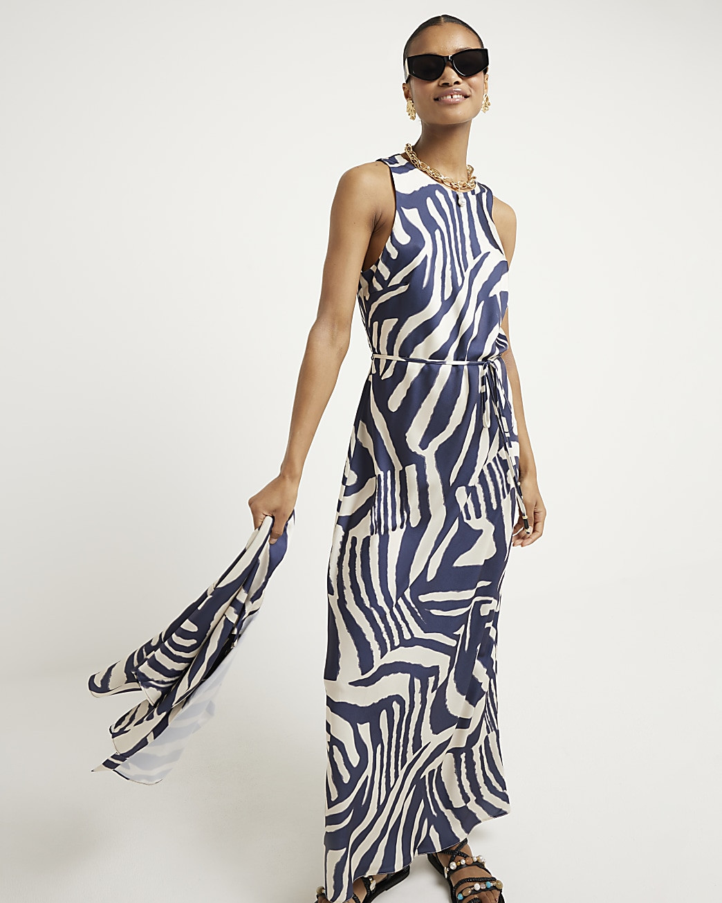 Navy satin animal print slip maxi dress | River Island (UK & IE)