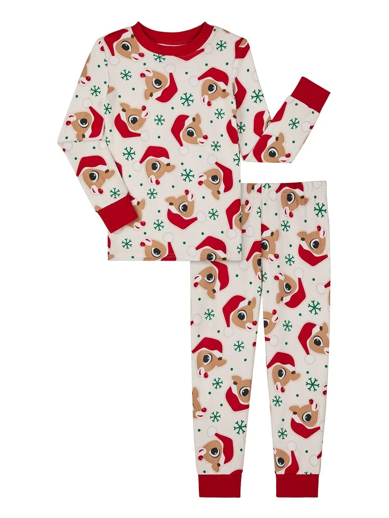 Rudolph Girls Snug Fit Long Sleeve Top and Sleep Pants, 2-Piece Pajama Set, Sizes 4-10 | Walmart (US)