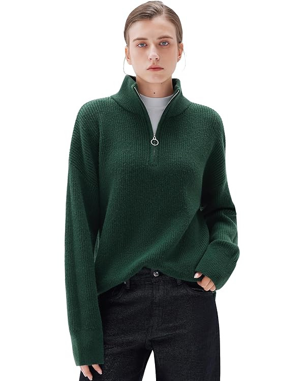 SUUKSESS Women Cashmere Oversized Quarter Zip Pullover Sweater Long Sleeve Collared Ribbed Knit J... | Amazon (US)