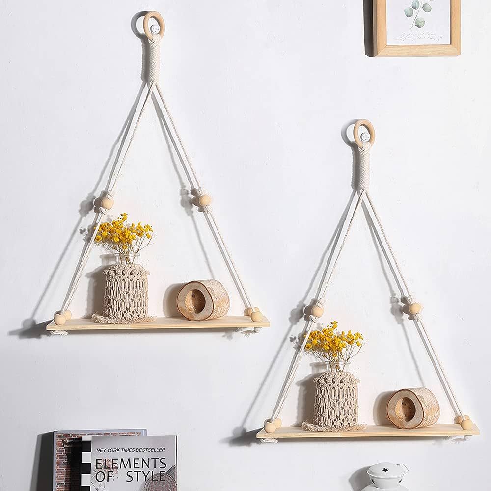 Artilady 2 Pack Wooden Wall Hanging Shelves - Macrame Hanging Plant Shelf Boho, Handmade Rustic H... | Amazon (US)