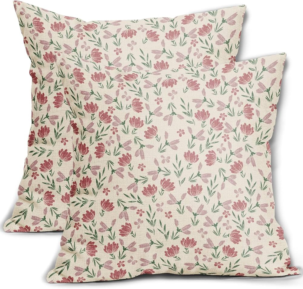Amazon.com: Aytipun Green Pink Floral Pillow Covers 18x18 Set of 2 Vintage Rustic Old Style Cute ... | Amazon (US)