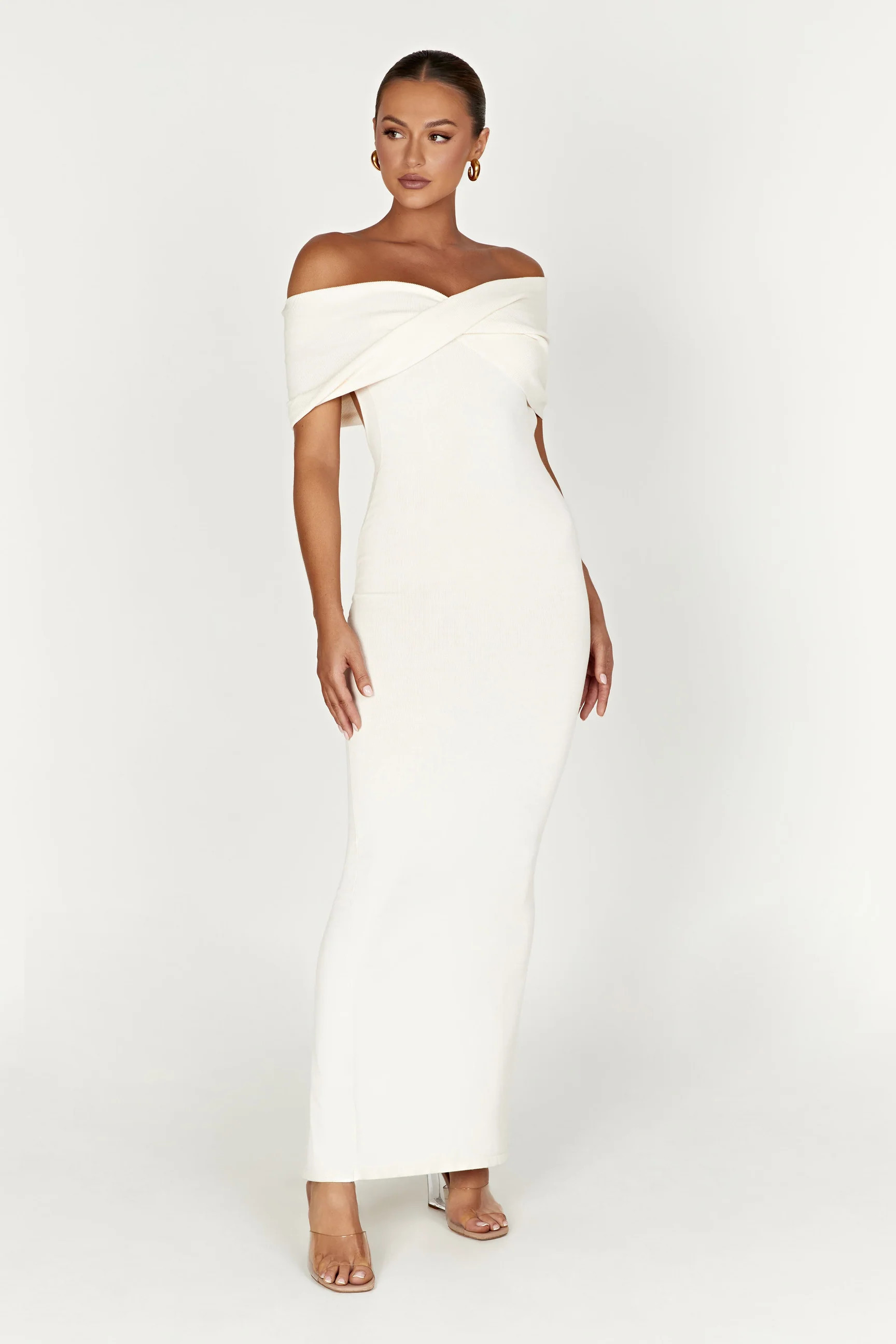 Terese Off Shoulder Knit Maxi Dress - Cream | MESHKI US