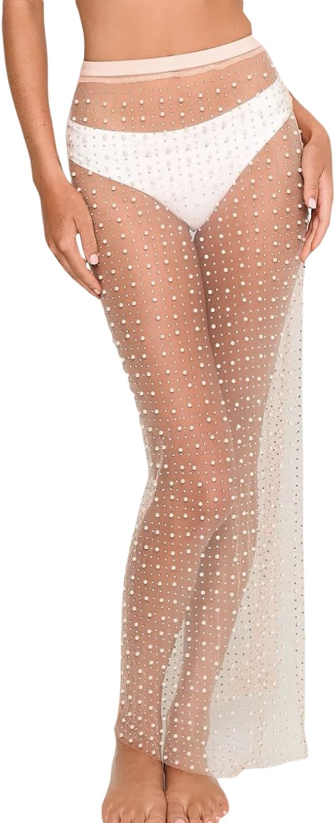 Women Pearl Mesh Maxi Skirt See Through Beach Cover Up Maxi Skirt Split Rhinestone Sheer Mesh Lon... | Amazon (US)