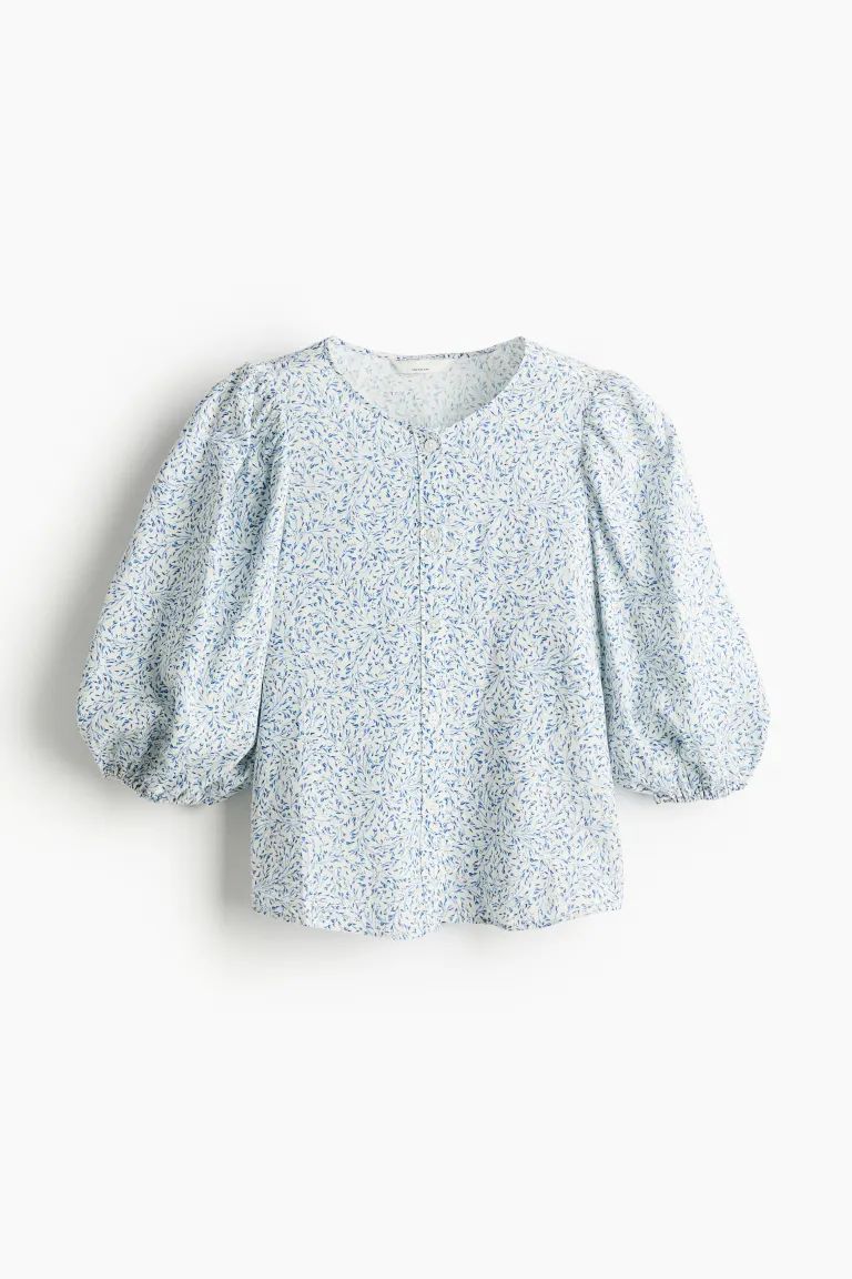 Linen-blend Blouse - White/blue patterned - Ladies | H&M US | H&M (US + CA)