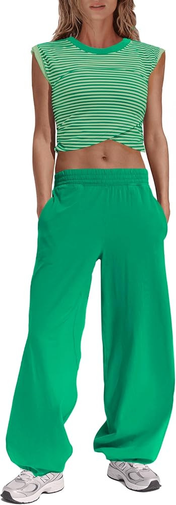 Panadila Womens Striped Lounge Sets 2 Piece Outfits Cropped T Shirts Wide Leg Pants Set Summer Sw... | Amazon (US)