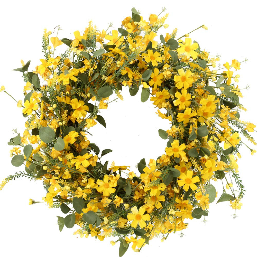 J'FLORU Decor Wreath，Yellow Daisy Wreath，22 inches，Spring and Summer Wreath for Outdoor Or Home Deco | Amazon (US)