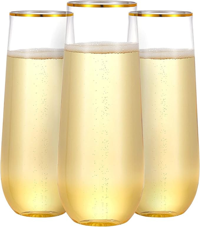 N9R 36PCS Plastic Champagne Flutes, 9 Oz Stemless Disposable Gold Rim Toasting Glasses, Crystal C... | Amazon (US)