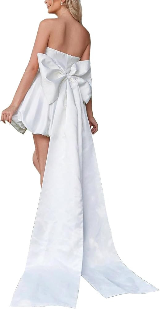 Off Shoulder Mini Bridal Gown with Detachable Big Bow Satin Wedding Dress for Bride A Line Formal... | Amazon (US)