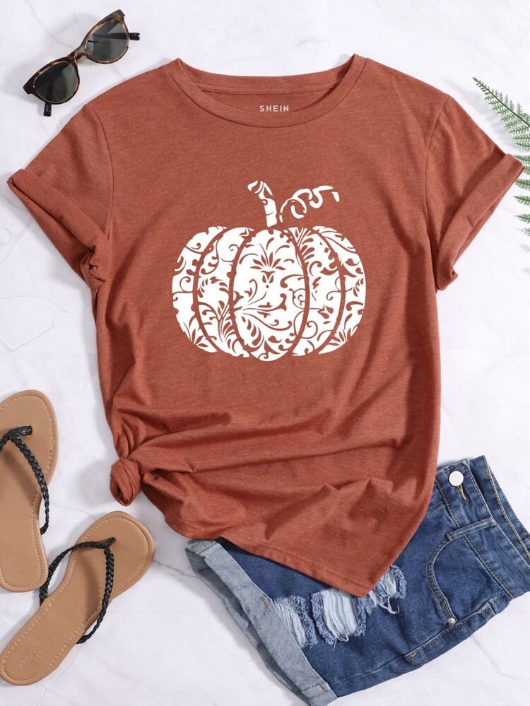 Pumpkin Print Round Neck Tee | SHEIN