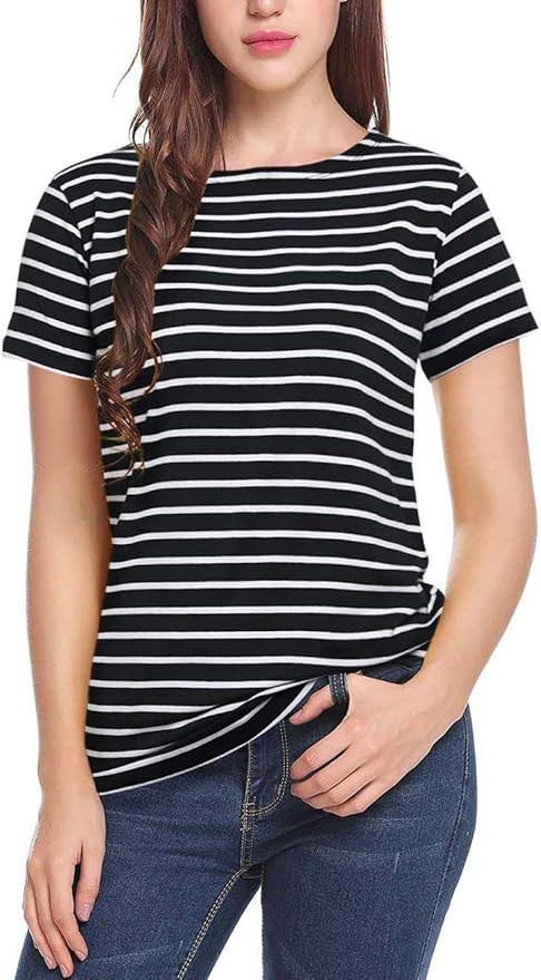 Women's Short Sleeve Striped T-Shirt Tee Shirt Tops Casual Loose Fit Blouses | Amazon (US)