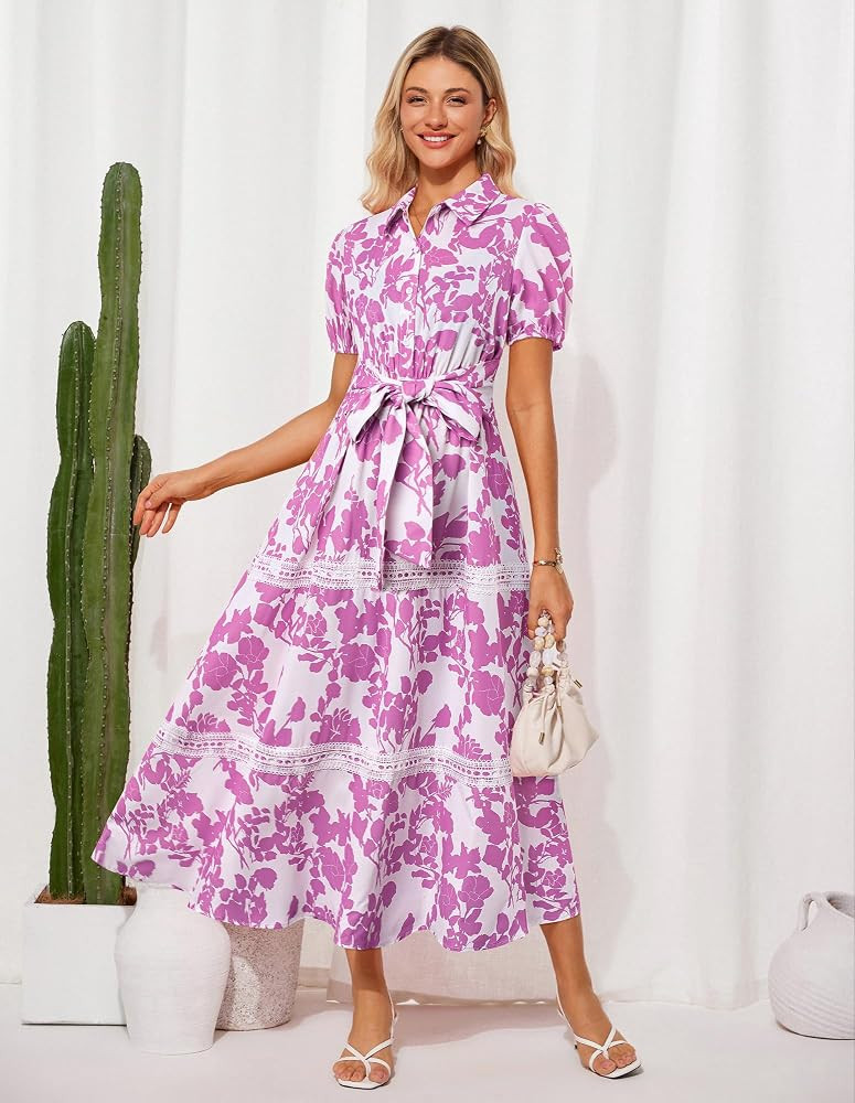 GRACE KARIN Women's 2026 Summer Floral Flowy Dresses Boho Tie Belt Short Puff Sleeve A Line Maxi ... | Amazon (US)