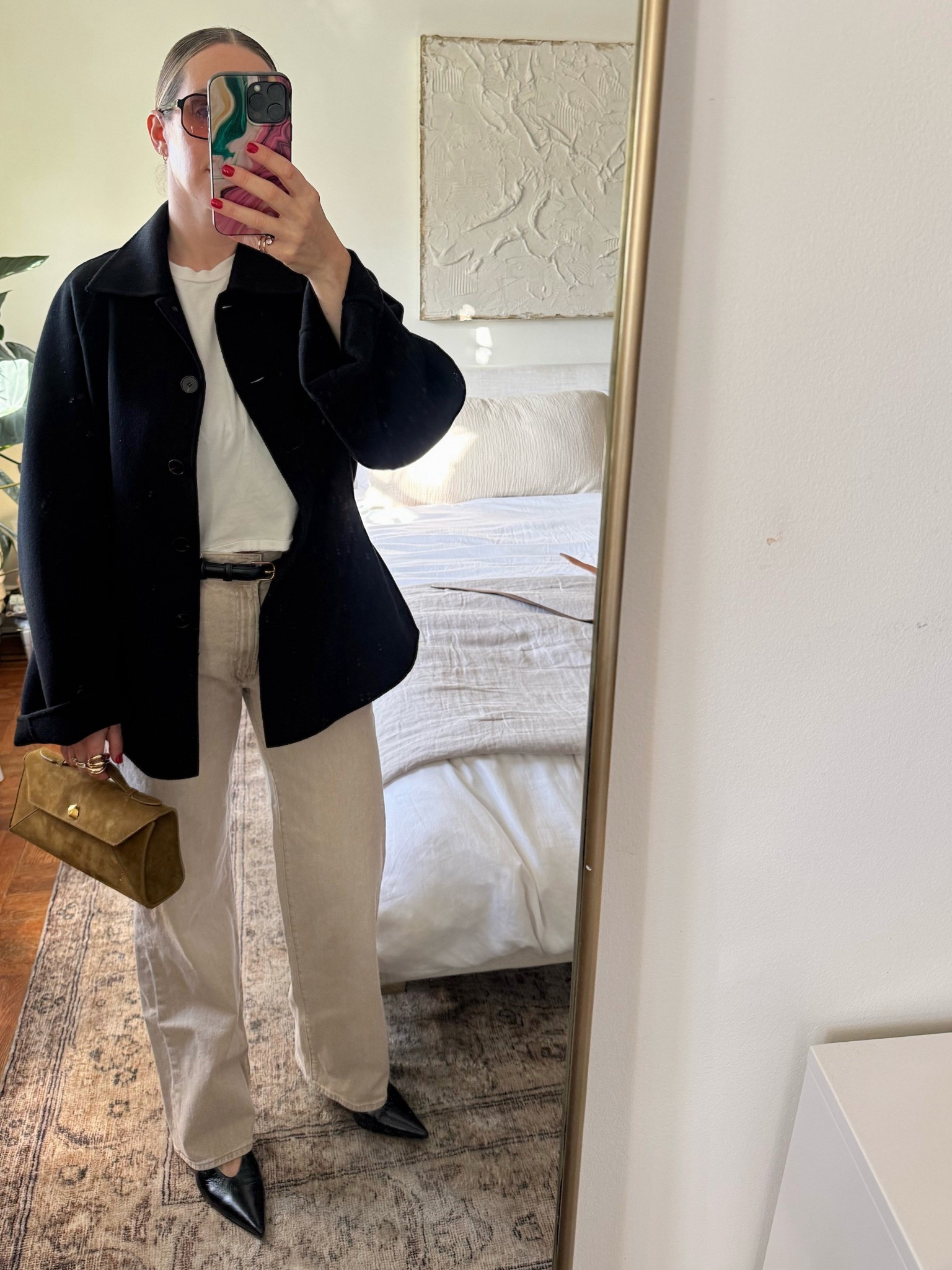 Wearing a size 40 in the coat (i sized up) and the denim runs TTS.