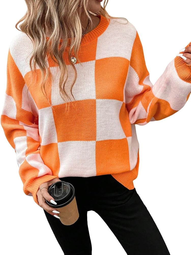 GORGLITTER Women's Argyle Checkered Fall Sweaters 2026 Plaid Pullovers | Amazon (US)