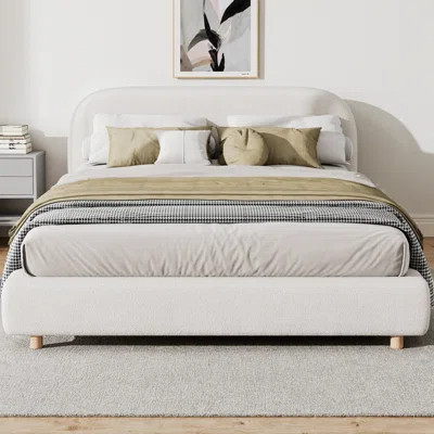 Upholstered Platform Bed with Boucle Fabric, Curved-Shape Design Thick Headboard, Solid Wood Legs, White Queen Size Bed Frame with Wooden Slat System, | Wayfair North America