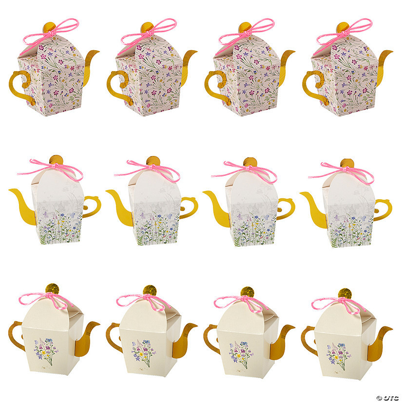 Elegant Floral Tea Kettle Treat Boxes with Gold Foil - 12 Pc. | Oriental Trading Company