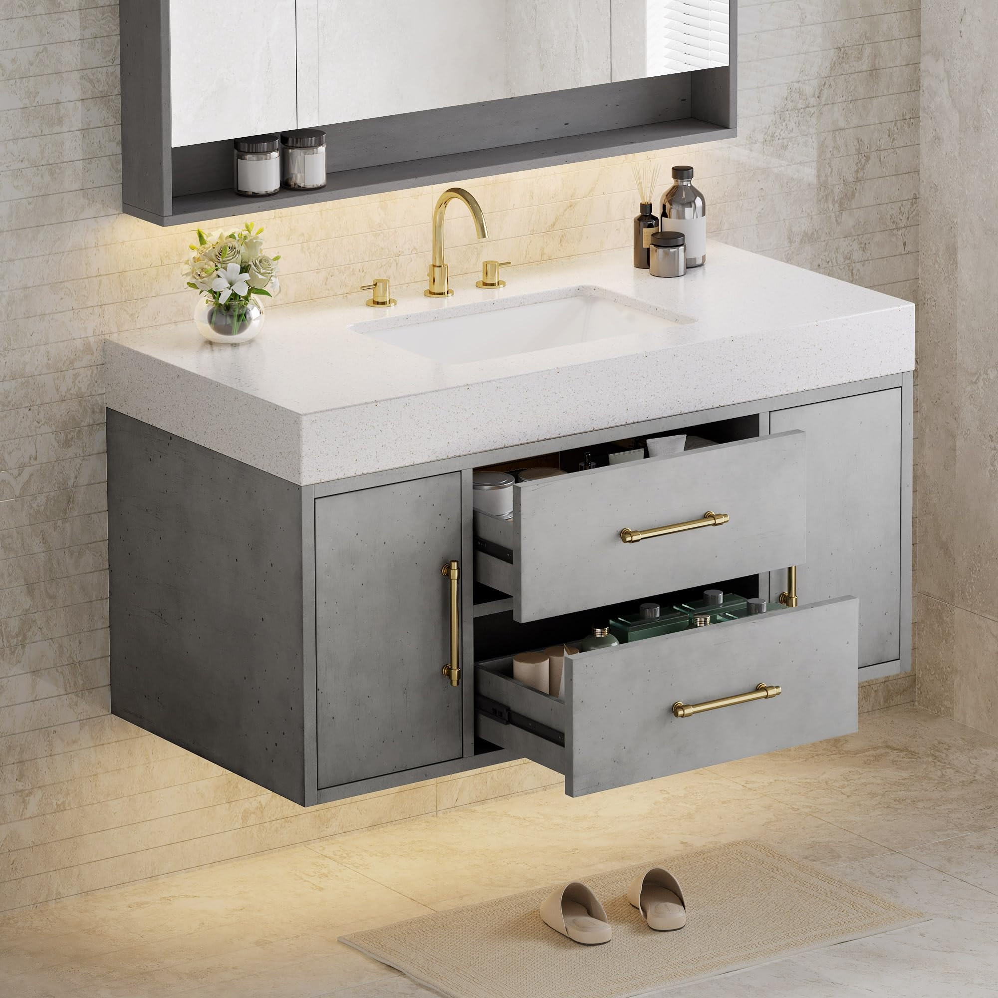 DWVO 40 Inch Grey Floating Bathroom Vanity Wall Mounted Bathroom Vanity with White Quartz Stone C... | Amazon (US)