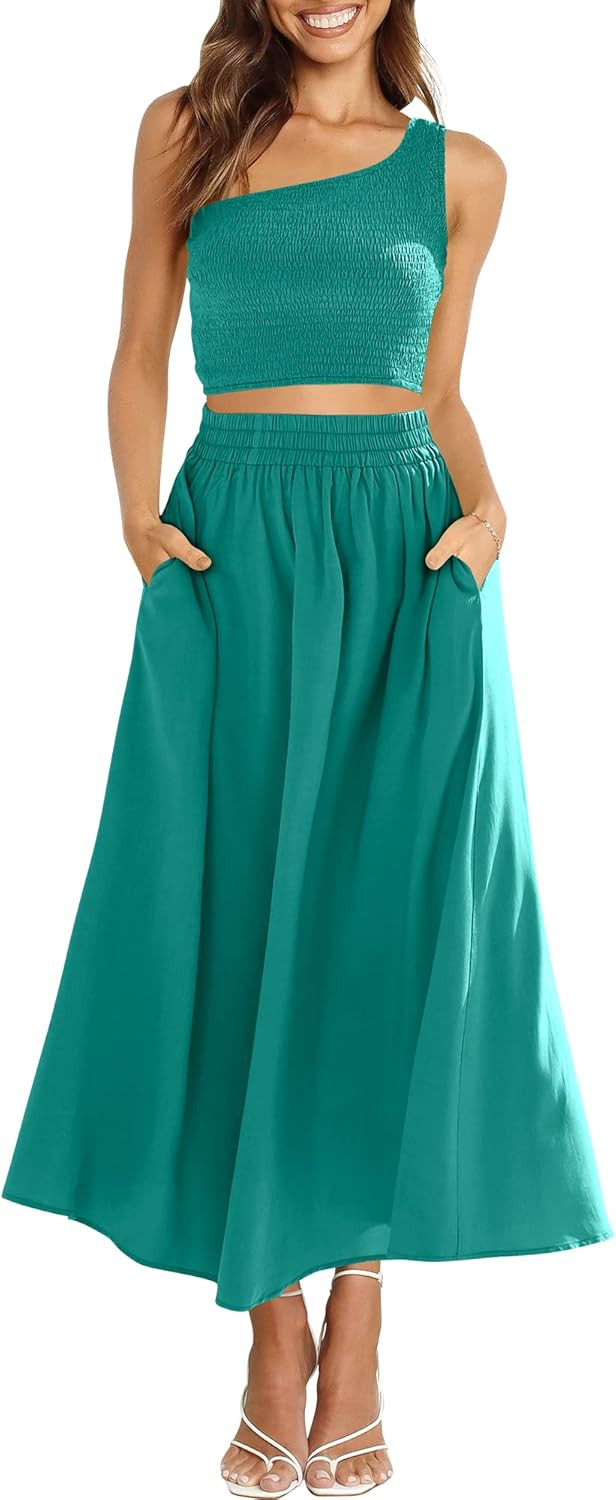 ANRABESS Women's 2 Pieces Outfits One Shoulder Smocked Crop Top & High Waist Long Skirt Dress Set... | Amazon (US)