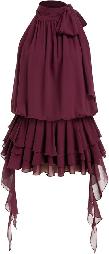 CIDER Halter Neck Chiffon Ruffled Ruched A Line Mini Dress Vacation Wedding Guest Flowy Tie Back ... | Amazon (US)