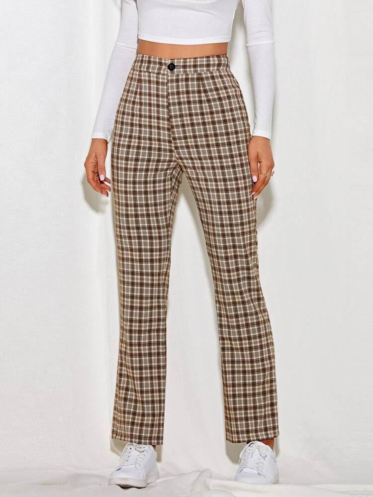 Button Waist Tartan Straight Pants | SHEIN