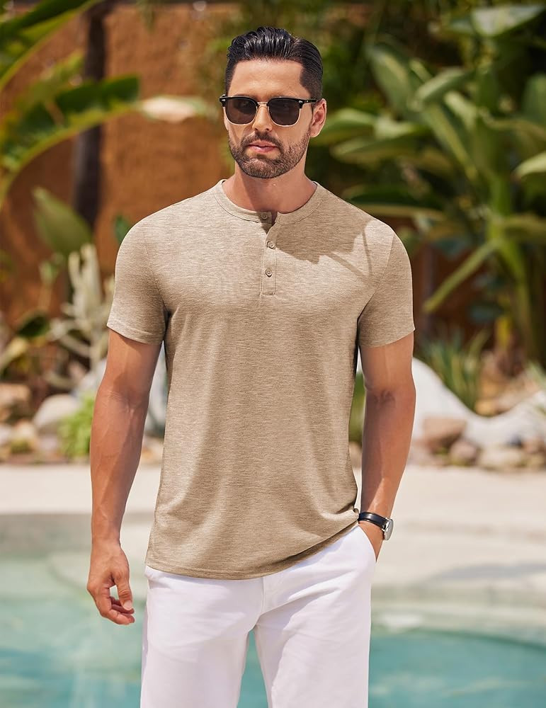 COOFANDY Men's Henley Shirts Short Sleeve Casual Basic Henley Tee Summer Button Lightweight Stret... | Amazon (US)