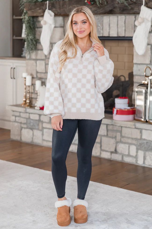 All Cozied Up Beige Fuzzy Checkered Quarter Zip Pullover DOORBUSTER | Pink Lily