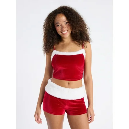 No Boundaries Christmas Tank Top and Shorts Set with Faux Fur Trim, 2-Piece, Women's | Walmart (US)