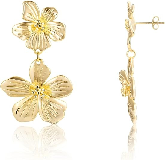 Flower Statement Earrings Dainty 14K Gold Plated Drop Dangle Earrings for Women Hypoallergenic | Amazon (US)