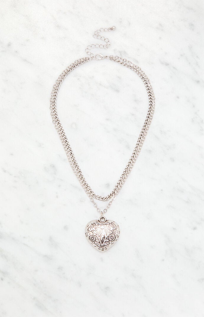 Etched Heart Layered Necklace in Silver | PacSun